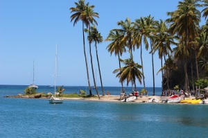 An improbably picturesque beach at Marigot Bay